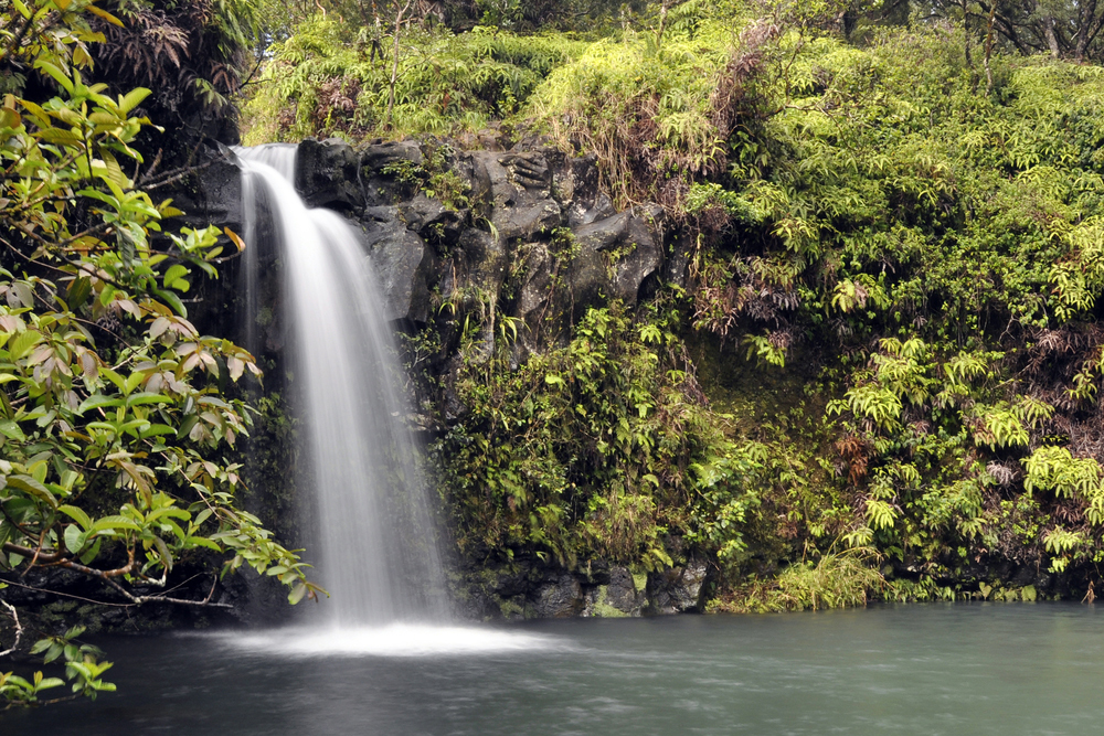 A-Waterfall-in-Hana-Highway,-Maui,-Hawaii
