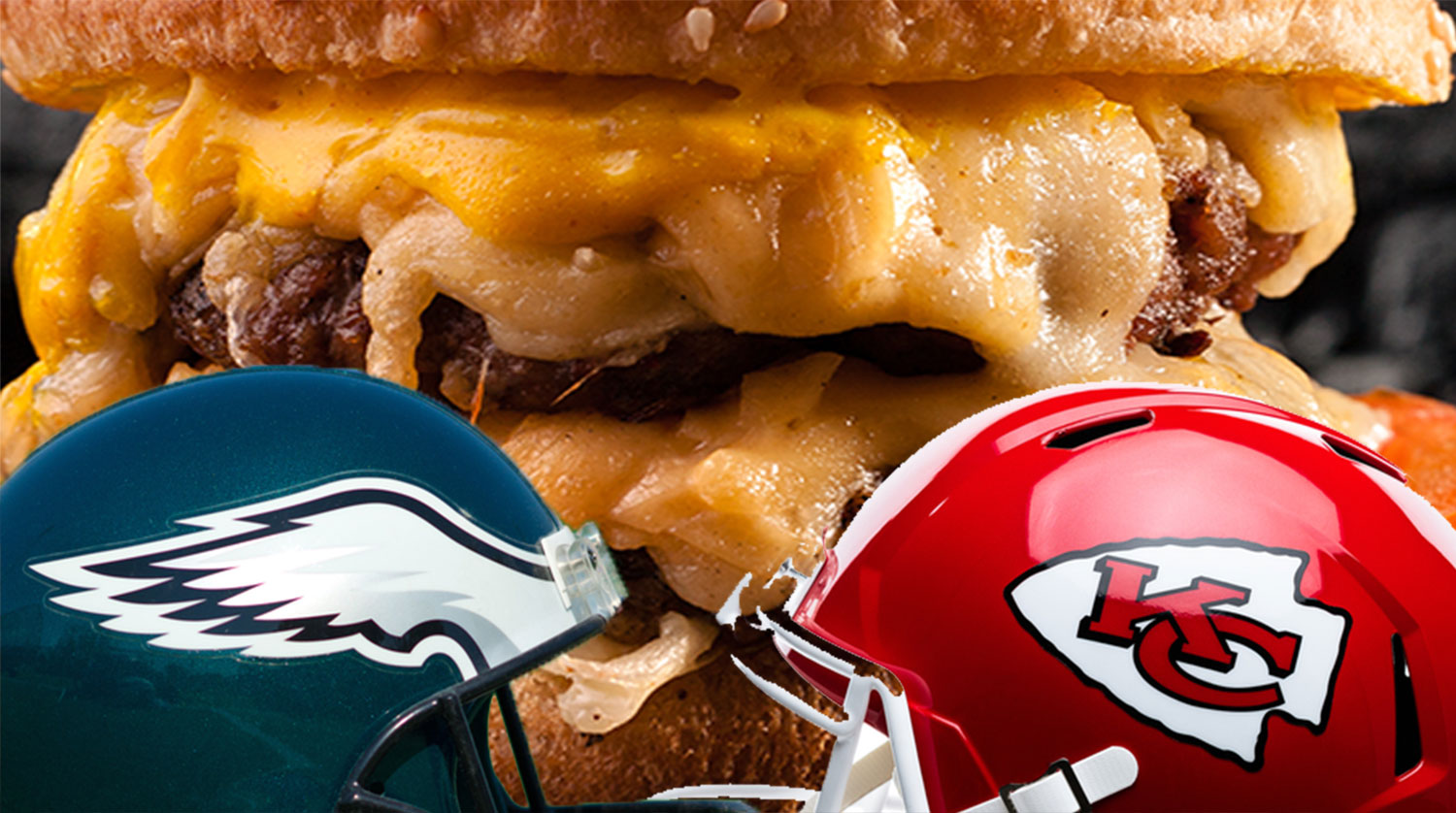 Super-Bowl-LV II-team-helmets-and-hamburger