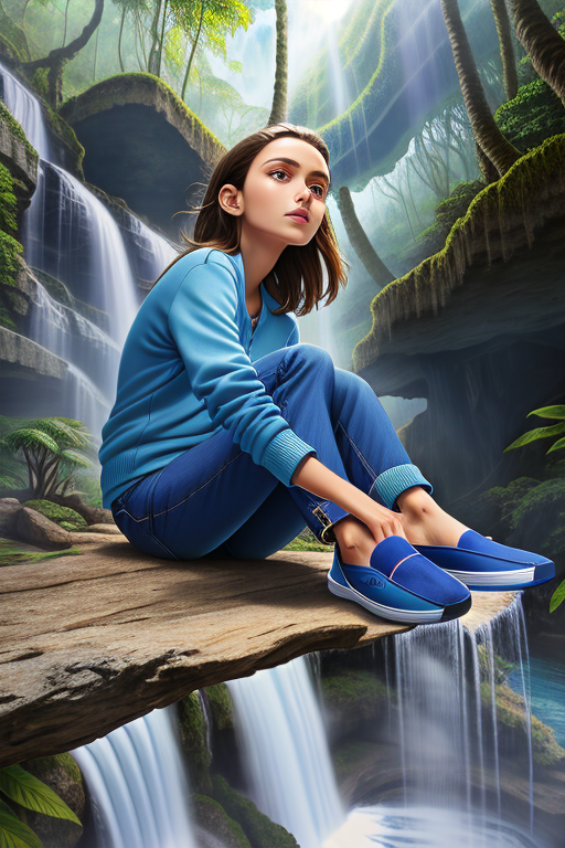 girl in luxury sneakers by waterfall