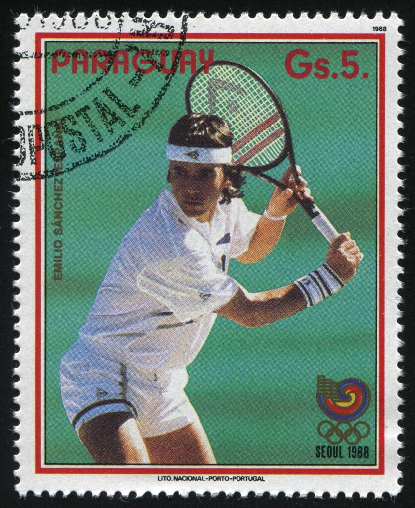 stamp-printed-by-Paraguay,-shows-Emilio-Sanchez,-tennis-player